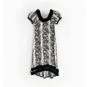 VTG MuuMuu Apparel Dress Hawaiian Black & White Tropical PEACE LILY Ruffle Trim